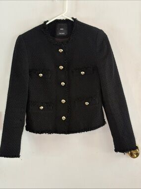MNG Mango black tweed cropped pocket blazer jacket with fringe Size Small